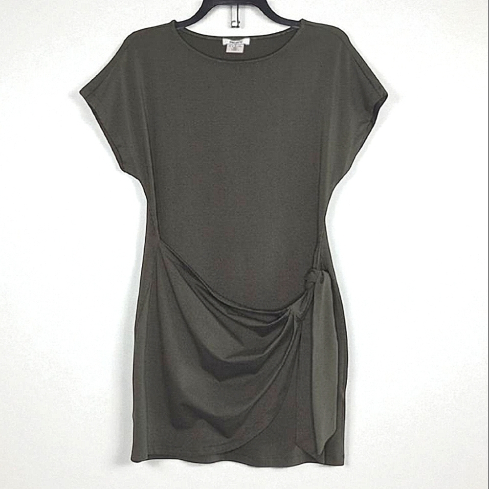 NEW DKNY Draped Faux Wrap Stretch Comfy Casual Dress Olive Green S